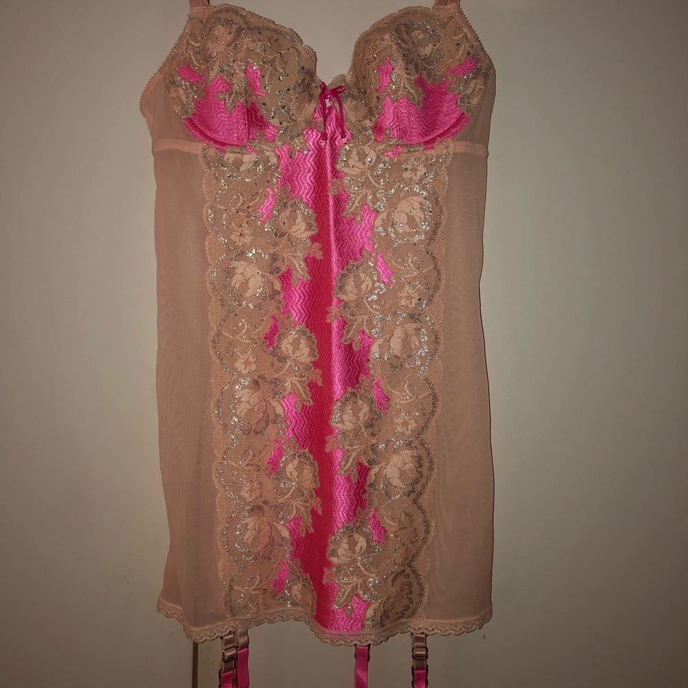 Pink Crystal Silver Lace Nude Blush Hot Pink Teddy Lingerie Victorias Secret NWT